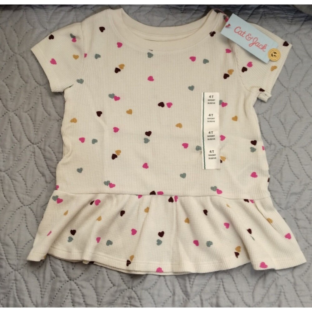 NWT, Cat & Jack Girls 4T Drop-Waist Shirt, Cream With Mini Colored Hearts - Picture 3 of 9